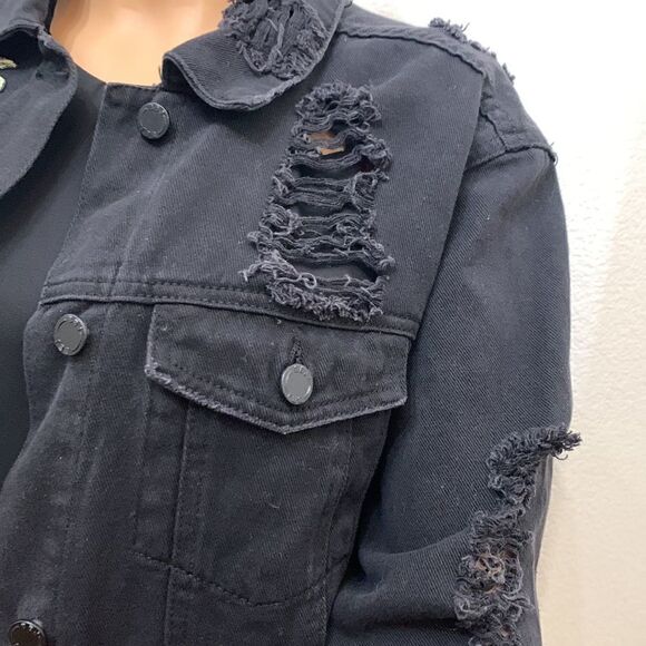 Boom boom jeans Large Black Rose Appliqued Distressed Long Sleeve Button Jacket - Picture 5 of 14